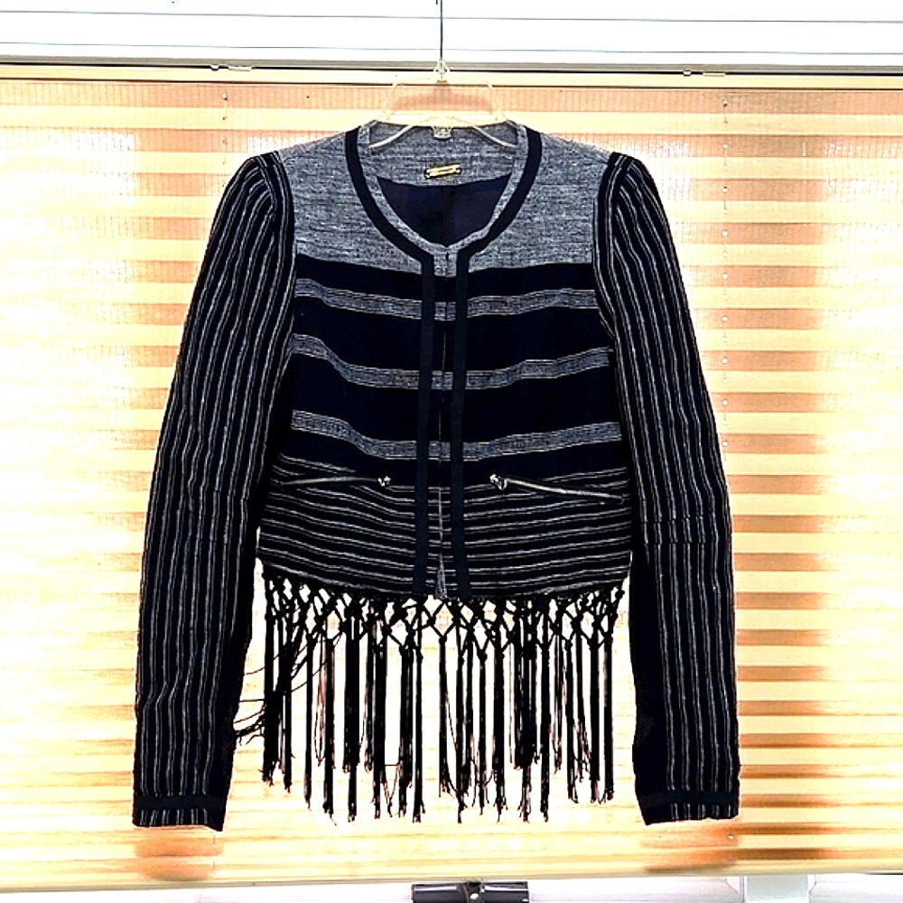 Rebecca Minkoff Linen Blend Jacket Macrame Fringe Size 4